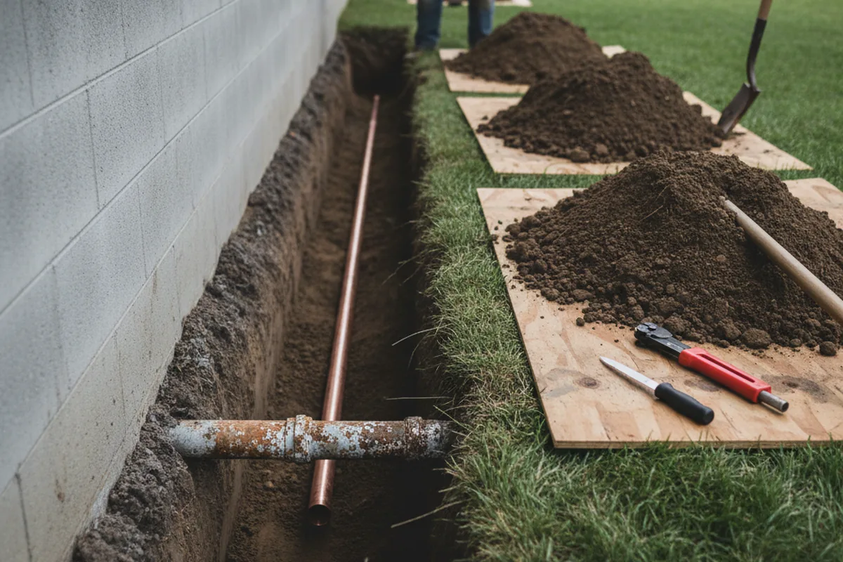 Excavated water line trench during Water Heater Repair in Pentress